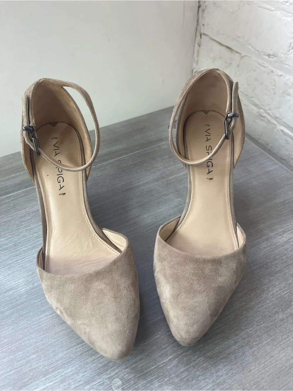 Via Spiga Taupe Suede Ankle-Strap Wedge Pumps